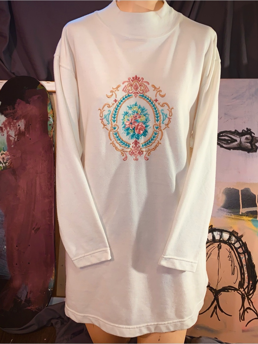 Vintage 90s J.C. KU Embroidered Floral Mock Neck Sweatshirt Small Long